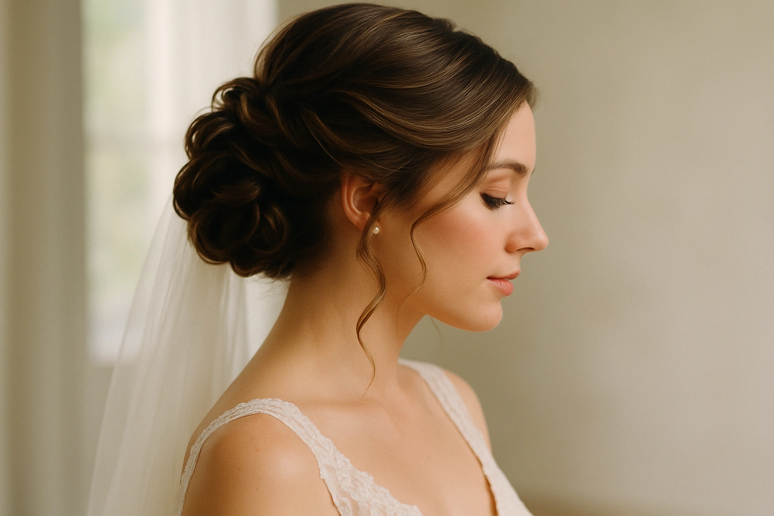 Beautiful bridal portrait showcasing elegant wedding hair styling and romantic updo for the special day