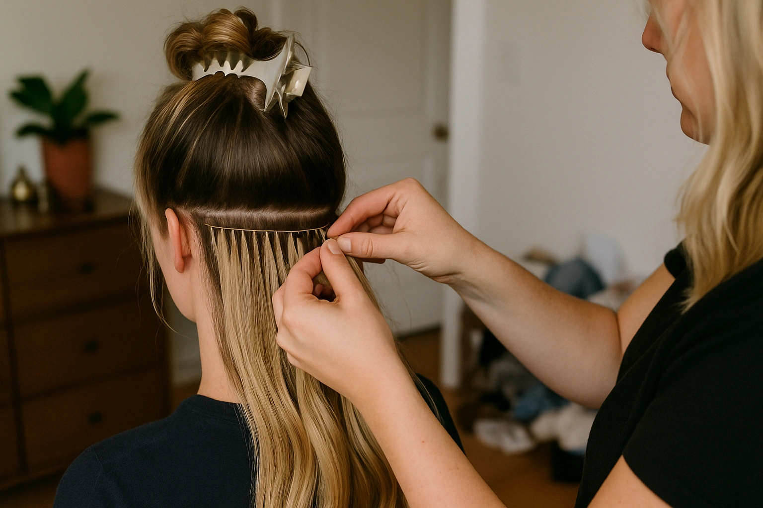 Professional hair extension services including tape-in and fusion extensions for added length and volume